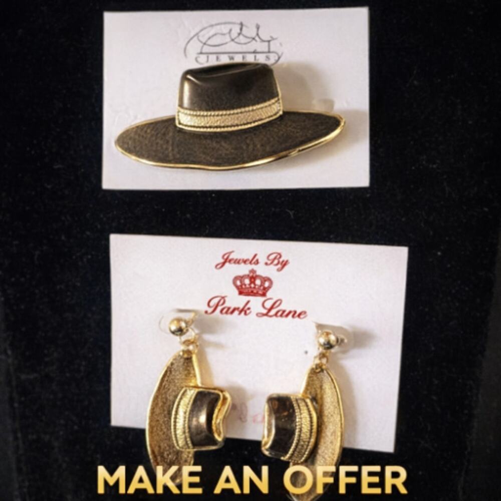 VTG Park Lane Gold Tone Fedora Hat Brooch & Matching Dangle Pierced Earrings NEW
